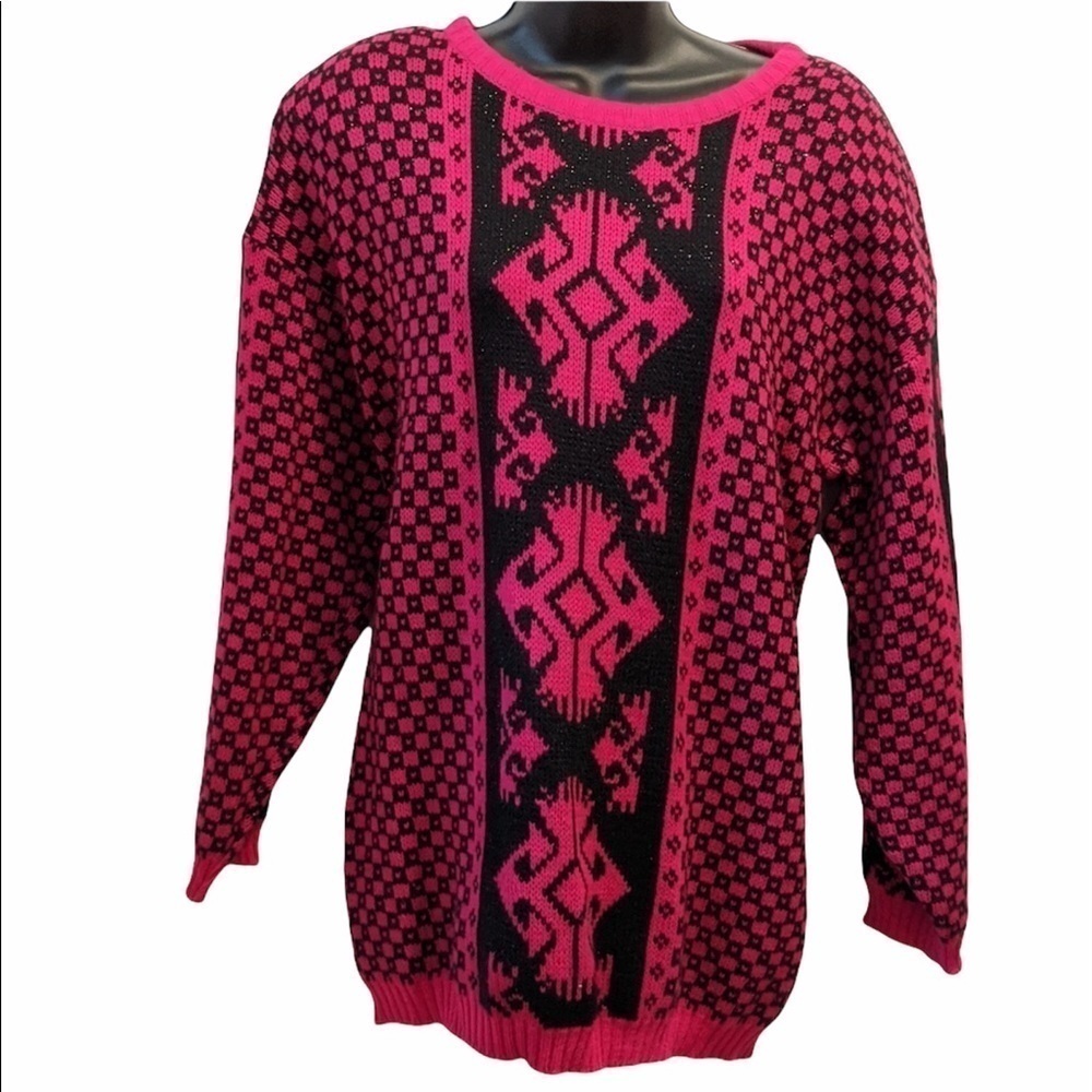 Vintage Oversized Sparkly Fuchsia Aztec Sweater Medium Colorful 90's
